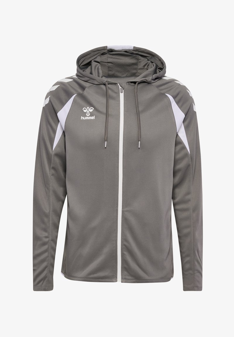 Sweat à capuche gris zippé intégral avec accents blancs, capuche à cordon de serrage et logo Hummel sur le côté gauche de la poitrine, conçu pour les activités sportives.