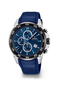 Montre chronographe Festina avec un cadran rond bleu, des accents argentés, trois sous-cadrans et un bracelet en caoutchouc bleu avec un motif texturé.