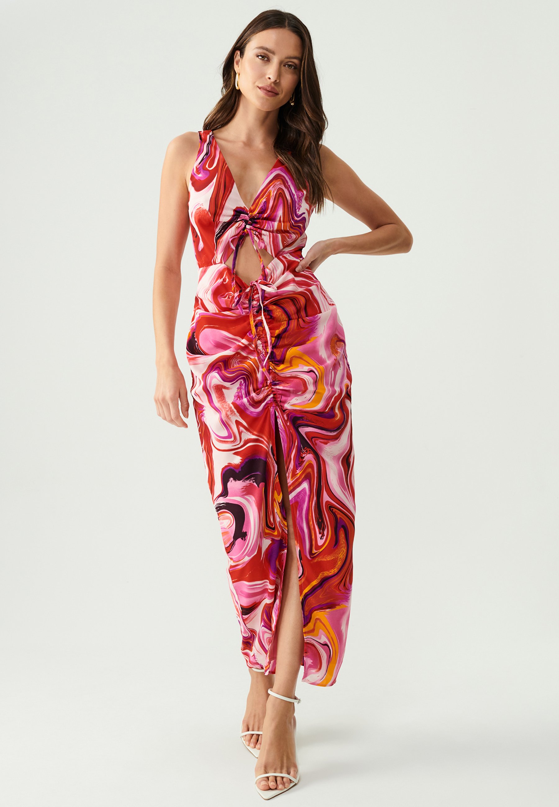 tucker silk maxi dress Womens Dresses Tucker Silk Dress Women's Colorful Swirl Satin Slip Dress  Adjustable Slit  Care