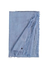 Hellblauer Stoff mit weicher, gewellter Textur, fransigen Kanten und einem kleinen schwarzen Knopfdetail, diagonal gefaltet.