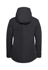 Schwarze wasserdichte Jacke mit Kapuze, featuring eine glatte Textur, lange Ärmel und einen geraden Schnitt. Keine sichtbaren Beschläge oder Akzente.