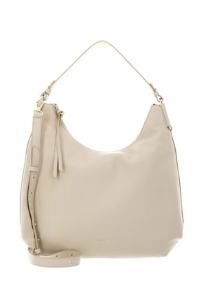 Borsa a mano hobo in pelle beige con manico corto, tracolla lunga regolabile, chiusura con cerniera e dettagli in metallo color oro.
