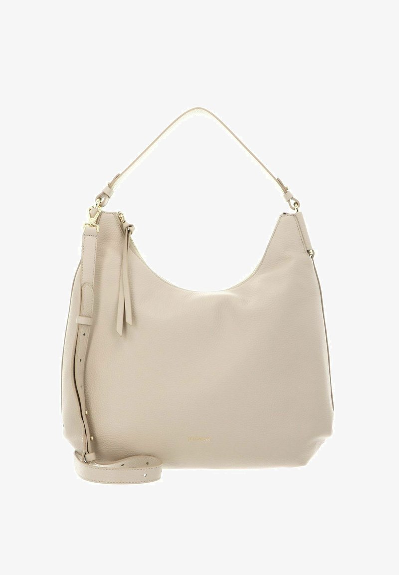 Sac à main hobo en cuir beige avec poignée courte, bandoulière longue réglable, fermeture éclair et quincaillerie dorée.