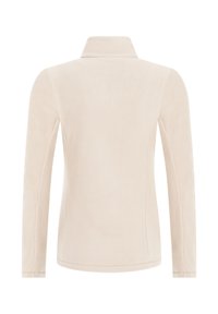Beige fleecejakke med ståkrave, lange ærmer og glat tekstur. Bagfra ses der rene linjer uden synligt hardware eller mønstre.