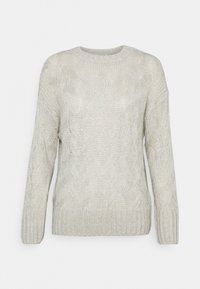 Pull en tricot couleur crème avec un motif en relief en câble, col rond et manches longues. Matériau doux et léger avec un ourlet côtelé.