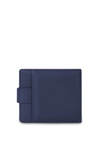 Navy blue leather wallet with a rectangular shape, featuring a slim design and a band for secure closure. Smooth texture with visible stitching.