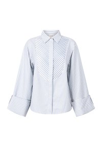 Striped shirt with a collared neckline, featuring a button closure, wide sleeves, and a textured, diagonal stripe pattern in blue and white.