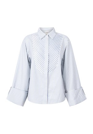 Gestreepte blouse met een kraaghalslijn, voorzien van een knoopsluiting, brede mouwen en een textuur in een diagonale streep in blauw en wit.