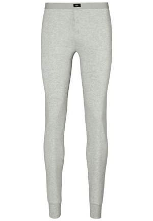Gray cotton long underwear with a fitted design, two-button fly, and ribbed waistband and cuffs. Smooth texture, minimal detailing.