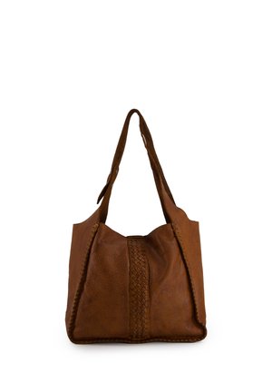 Brun læder skuldertaske med flettet lodret detalje ned langs midten og justerbar rem, mod hvid baggrund.