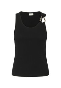 Sort ribbet tanktop med rund halsudskæring, der har en knudedetalje og metalhardware på den ene skulder. Tilbyder en tætsiddende pasform og struktureret overflade.