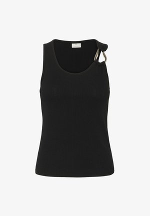 Zwarte geribde tanktop met een ronde halslijn, voorzien van een knoopdetail en metalen hardware op één schouder. Biedt een nauwsluitende pasvorm en een gestructureerd oppervlak.