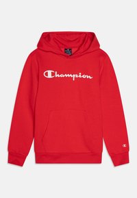 Felpa rossa in cotone con un grande logo bianco "Champion" sul petto, tasca frontale e cappuccio con cordino. Maniche con polsini.