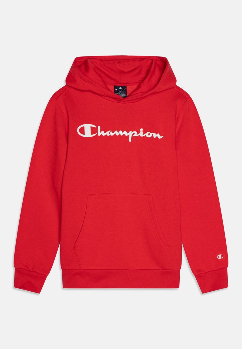 Felpa rossa in cotone con un grande logo bianco "Champion" sul petto, tasca frontale e cappuccio con cordino. Maniche con polsini.