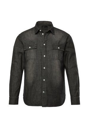 Camicia in denim nero con maniche lunghe, colletto a punta, due tasche sul petto e bottoni bianchi; presenta una texture liscia e un design classico.