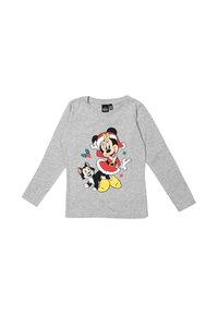 Camicetta grigia a maniche lunghe per bambini con Minnie Mouse in un costume da Babbo Natale e un gatto in bianco e nero che le sta accanto.