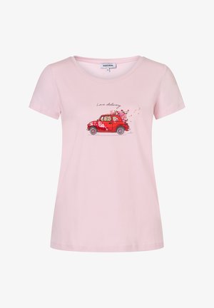Roze T-shirt met korte mouwen, bedrukt met een rood autootje en bloemen, en de tekst "Love delivery" op de voorkant. Gemaakt van zacht katoen.
