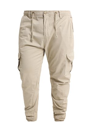 Beežid cargo-püksid elastse vöökohaga, nööriga, eesnupu, küljetaskute klappide ja elastsete paeltega pahkluudes.