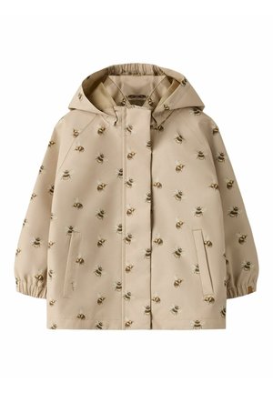 Impermeable con capucha para niños en color beige con puños elásticos y un patrón repetitivo de pequeñas abejas, con bolsillos delanteros y una cremallera oculta.