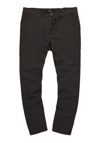 Zwarte, elastische broek met een gladde textuur, voorzien van een knoop- en ritssluiting, twee voorzakken en een klein groen accent aan de zijkant.
