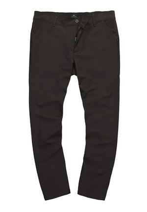 Schwarze, dehnbare Hosen mit glatter Textur, ausgestattet mit einem Knopf- und Reißverschluss, zwei Fronttaschen und einem kleinen grünen Akzent an der Seite.