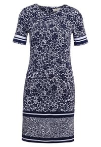 Robe à imprimé floral en bleu marine et blanc, à manches courtes, col rond, avec des rayures horizontales sur les manches et un ourlet inférieur à motifs.