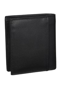 Czarny skórzany portfel o gładkiej fakturze, z wzorem składanym na dwie części i widocznym przeszyciem wzdłuż krawędzi. Kompaktowy rozmiar odpowiedni do kart i gotówki.