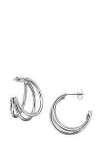 Orecchini a cerchio in argento con design curvi intrecciati. Metallo liscio e riflettente con una finitura lucida. Chiusura a perno.