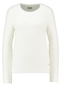 Pull en peluche blanc à manches longues avec un col rond et un tissu doux et texturé sur un fond uni.