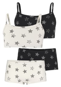 Conjunto de dos bralettes y dos pares de shorts. Tela negra y blanca con un patrón de estrellas grises. Material suave, tirantes ajustables, cinturillas elásticas.