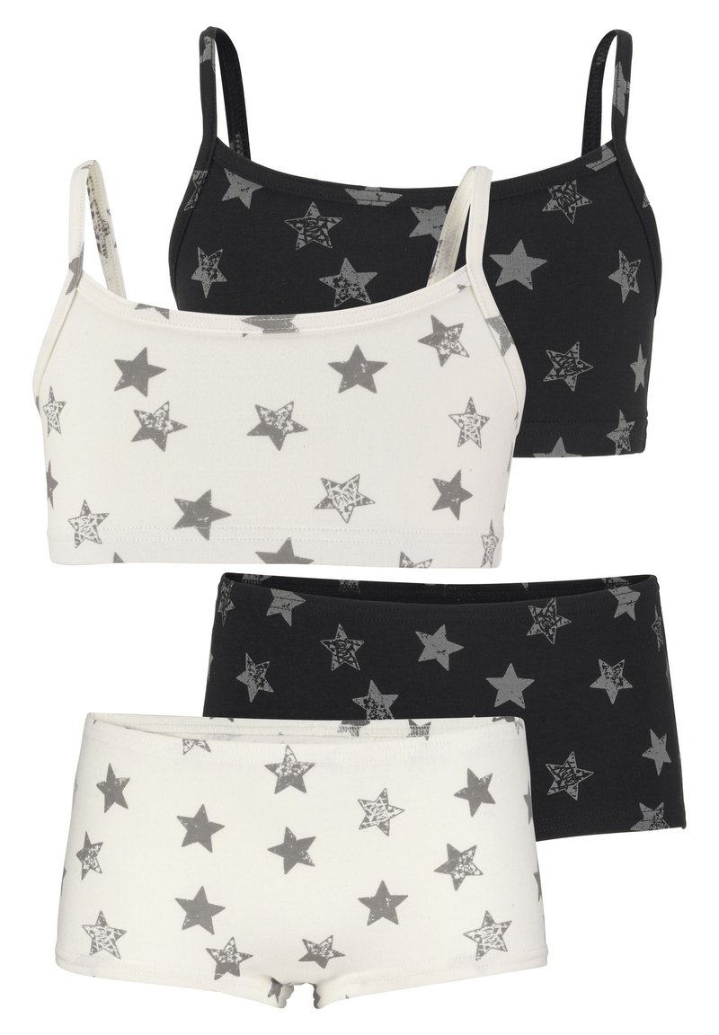 Conjunto de dos bralettes y dos pares de shorts. Tela negra y blanca con un patrón de estrellas grises. Material suave, tirantes ajustables, cinturillas elásticas.