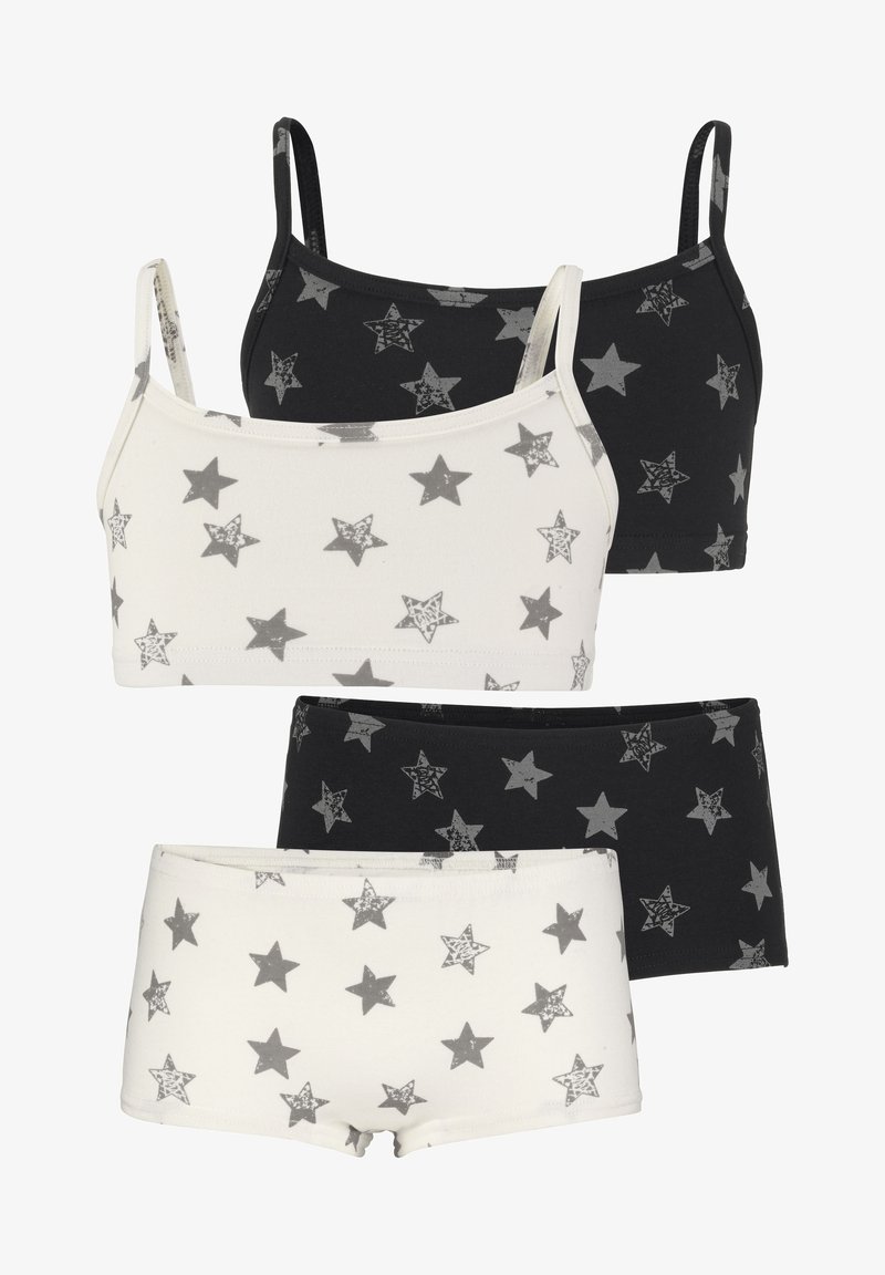 Ensemble de deux bralettes et deux paires de shorts. Tissu noir et blanc avec des motifs d'étoiles grises. Matériau doux, bretelles ajustables, ceintures élastiques.