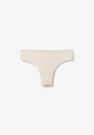 Tanga beige sin costuras con textura suave y cintura ancha, mostrado sobre un fondo blanco.