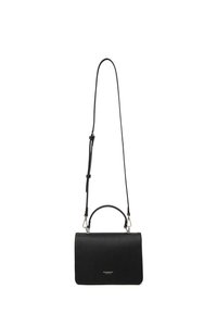 Borsa a tracolla in pelle nera con una forma rettangolare strutturata, dotata di manico superiore e tracolla rimovibile. Presenta dettagli in metallo argentato.