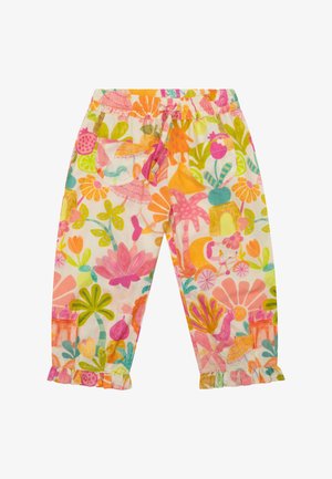 Kinderbroek met elastische taille en kleurrijke tropische bloemen-, fruit- en dierenpatronen, voorzakken, trekkoord en gerimpelde zoom.