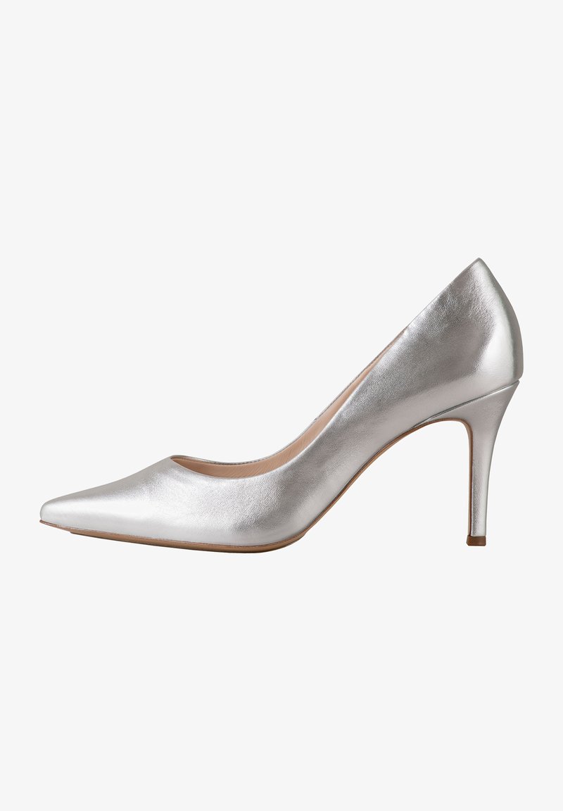 Silver leather high-heeled pump with a pointed toe, smooth texture, and a mid-height stiletto heel. Minimal design, no visible patterns.