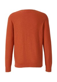 Trui met lange mouwen in roestkleur, effen gebreid, met geribbelde manchetten en zoom, van achteren getoond op een witte achtergrond.