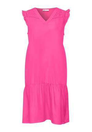 Lyserød ærmeløs kjole med V-hals, blonde detaljer på skuldrene og samlet skørtkant.