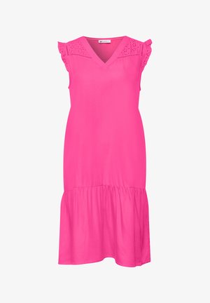 Lyserød ærmeløs kjole med V-hals, blonde detaljer på skuldrene og samlet skørtkant.
