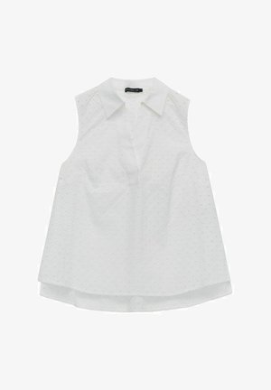 Witte mouwloze blouse met een kraag, voorzien van gestructureerde stippen, een stoffen placket aan de voorkant en een ontspannen pasvorm die zachtjes valt.