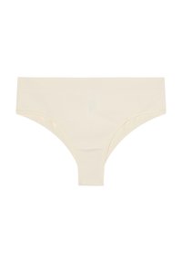 Lichtbeige geribde panties met een hoge tailleband, met een gladde textuur en een minimalistisch ontwerp zonder extra patronen of accenten.