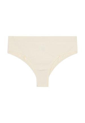 Lichtbeige geribde panties met een hoge tailleband, met een gladde textuur en een minimalistisch ontwerp zonder extra patronen of accenten.