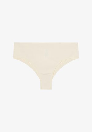 Lichtbeige geribde panties met een hoge tailleband, met een gladde textuur en een minimalistisch ontwerp zonder extra patronen of accenten.