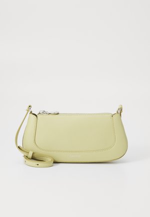 Calvin Klein clutches in soft lemon yellow leather, with a rounded shape, zip closure, and an adjustable shoulder strap.