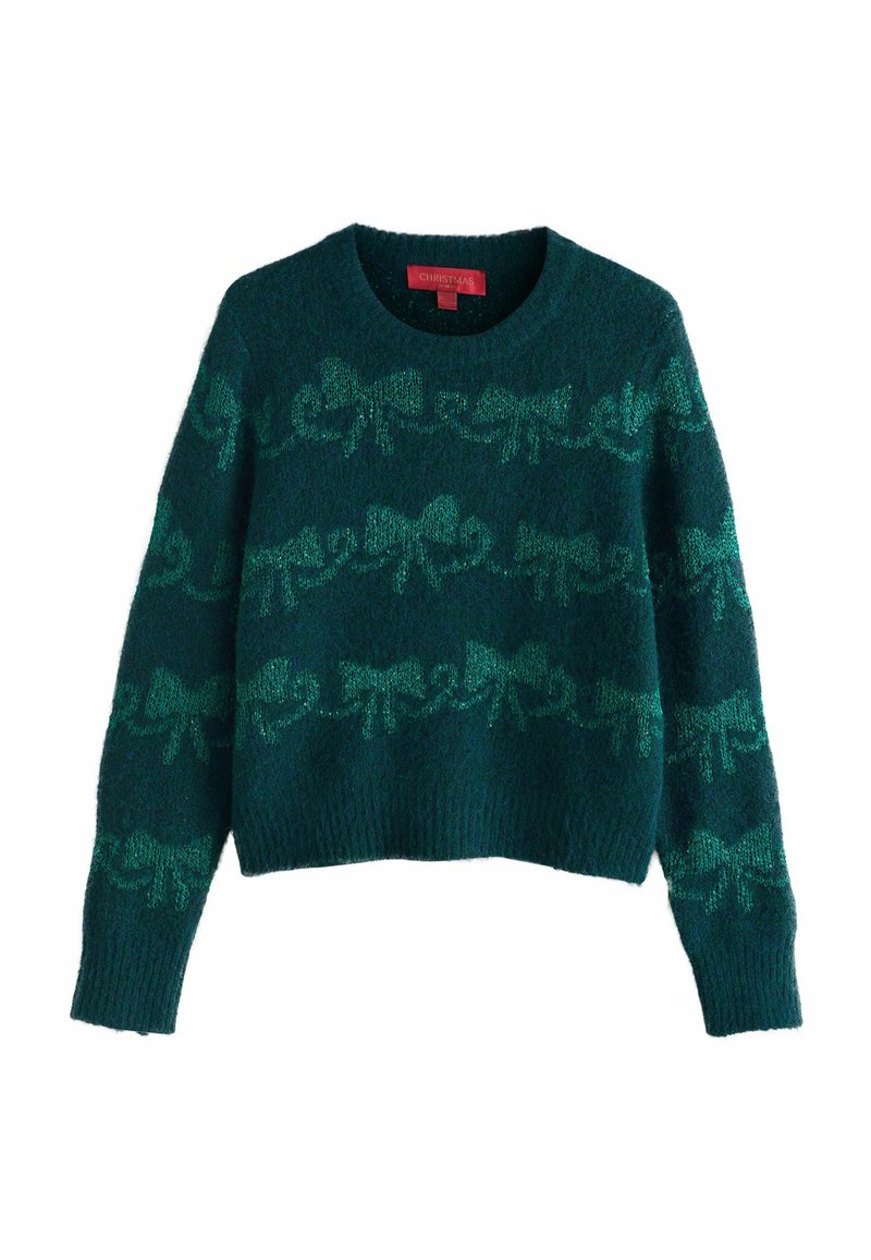 Pulover verde tricotat cu guler în V, având un model texturat de fundițe într-o nuanță mai deschisă de verde și manșete și tiv cu model canalé.