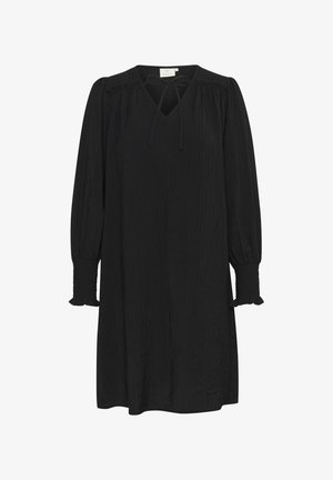 Zwarte jurk van textuurstof, met een V-halslijn, lange pofmouwen met ruffles aan de manchetten en een strikdetail bij de halslijn.