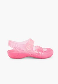 Pink, transparent sandals with a closed toe and open back. Features two adjustable straps and textured surface for grip.