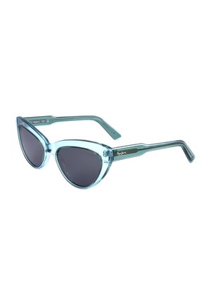 Occhiali da sole stile cat-eye con montatura trasparente azzurro chiaro e lenti scure, logo del marchio sull'asta.