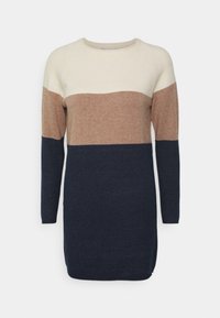 Abito maglione lavorato a maglia con maniche lunghe, caratterizzato da tre strisce orizzontali in crema, beige e blu scuro. Tessuto morbido, scollo a girocollo.