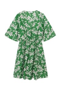 Grünes Kleid mit floralem Muster in Weiß, mit V-Ausschnitt, kurzen Ärmeln und einem elastischen Bund für einen gerafften Effekt.